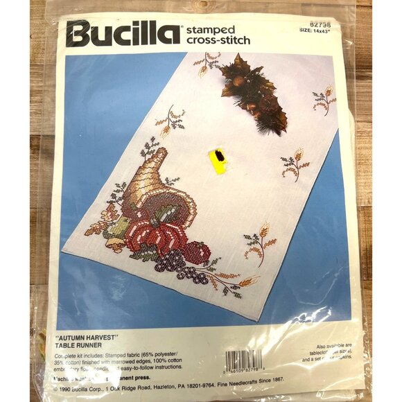 Bucilla Stamped Cross-Stitch Kit "Autumn Harvest" Table Runner 14x43 Inches 1990 - Picture 2 of 5